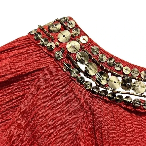 En Crème Burnt Red Front Tie Blouse Beaded Collar Size Medium - Picture 6 of 9